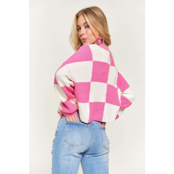 ADORA Plus Size Comfy Checkered Color Block Oversized Pullover Sweater | Pink - Picture 3 of 6